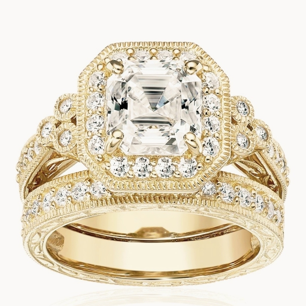 Gold Plated Sterling Silver Antique 7mm Asscher Cut Wedding Ring Set, 5